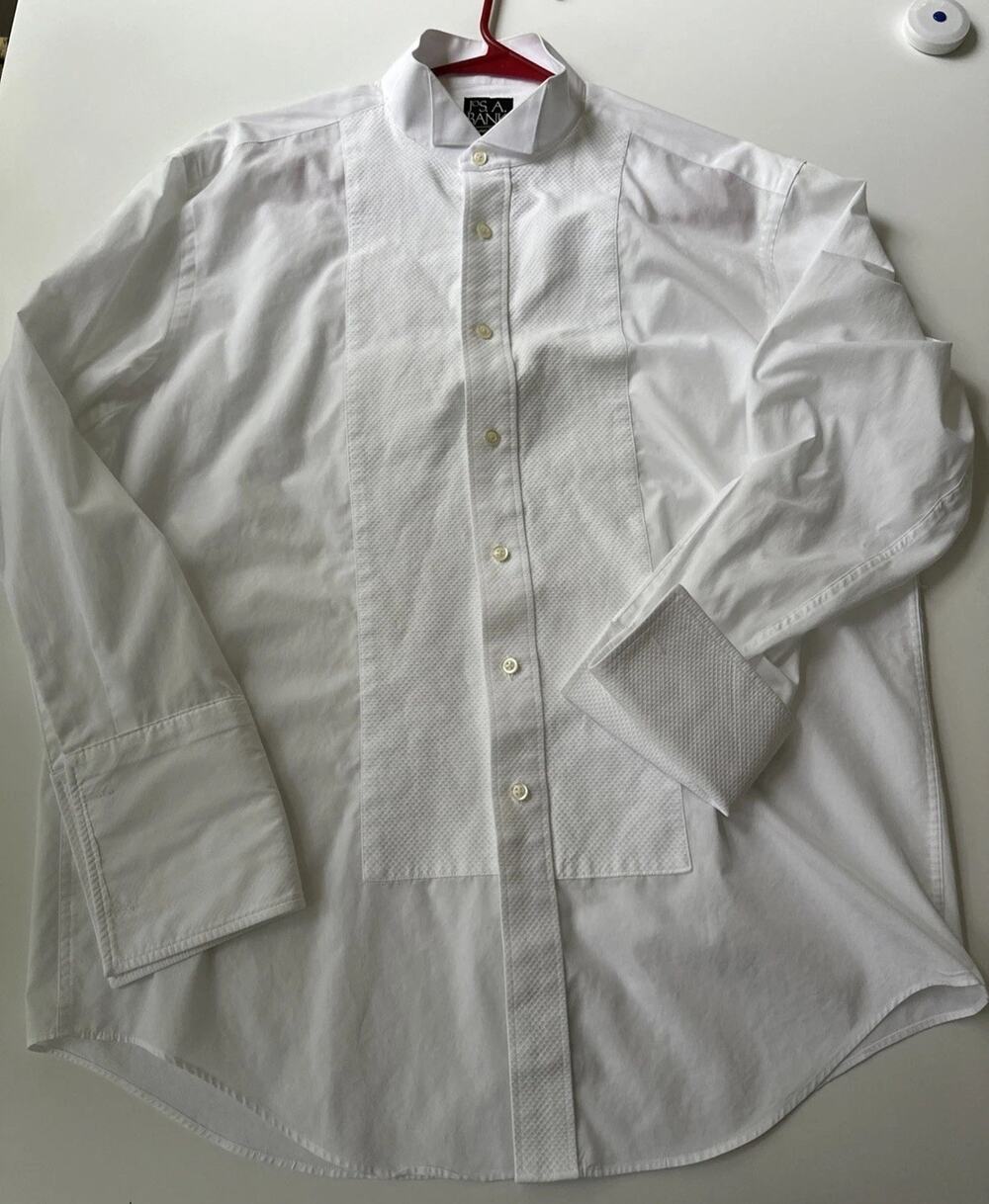 JoS. A. Bank Signature White Tuxedo Shirt Size 15.5 32, French Cuffs Textured